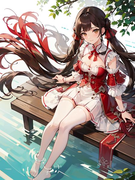 (best quality), (masterpiece), incredibly_absurdres, highly detailed, refined rendering, illustration, (highres), original, night_sky, (close_on:1.2), (close shot),1girl,qinge,sitting on the tree and soaking feet,floating ribbon, brown hair
 <lora:qinge-000020:1>