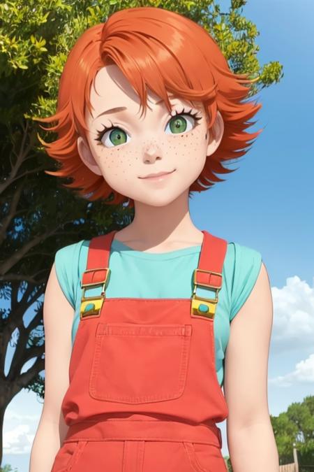 1girl, sxfrances, short hair, orange hair, green eyes, freckles, red overalls, blue_shirt, smile, solo, looking at viewer <lora:frances-v2:0.6>