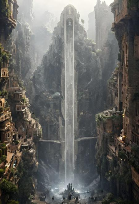 POV view , DOF,
(Ancient civilization, Alien Prometheus movie scene, dune movie scene:1.5), (The colonial city of the future, in the mist-filled Grand Canyon, on an unknown Earth-like planet, 2 moon on sky, Spaceship flight connects colonies, waterfulls:1.3), (Machu Picchu, a mountain settlement, incredibly spectacular:1.2), (Mario Botta:1.3), (avant-garde, future, reality, science fiction, photorealistic), (modern architecture:1.2), White limestone with black granite, fountain, waterfall, landmark, square, path, narrow street,
(Large Files, Ultra Realistic, 8K, 16k, FHD, HD, VFX, Perfect, Photography, composition, Architecture Sales Photography, Architecture Competition, Ultra High Resolution, Cinematography, High Resolution Image:1.1), (dramatic lighting, direct sunlight, ray tracing, clear shadow:1.2),  (real landscape:1.1), (blurred background:1.0), (urban background, more_details) ,
great lighting, clear, hillscastel, <stardeaf-cold-arc>, xtower, industrialbuilding