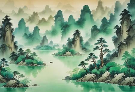 musician disappeared when the music stops, only a few green spires in the distance looming over the long river, misty, storybook illustration, ink wash painting, chinese landscape painting, art of mountains-and-waters painting, large expanse of negative space, art by zhang daqian
