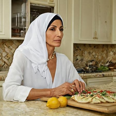 A portrait of a beautiful 40yr old arab mother at kitchen taken by Martin Schoeller, for playboy centerfold cover {{highly detailed }}