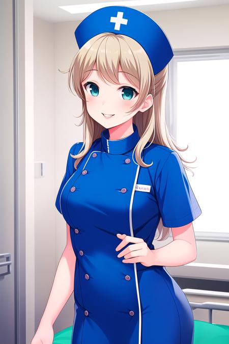 (masterpiece, best quality), highly detailed background, perfect lightingbest quality, etokurumi, solo, indoors, hospital, nurse, nurse cap, blue headwear, blonde hair, long hair, aqua eyes, blue jacket, open jacket, blue dress, <lora:GoodHands-vanilla:1>, smile, smile mouth, :), pink lips, <lora:Eto-Kurumi:0.7>