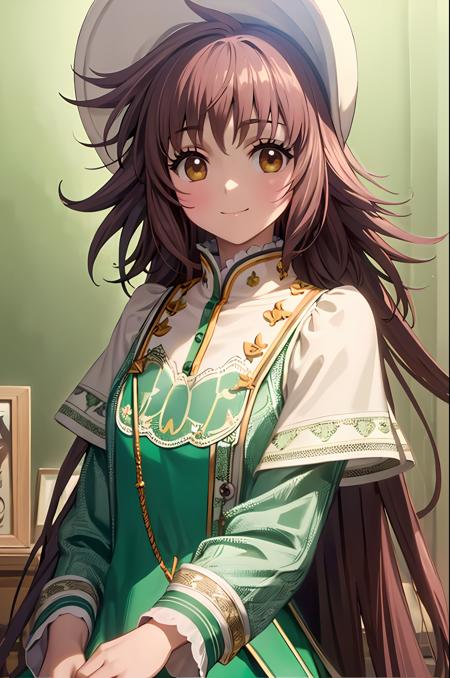 (exceptional, best aesthetic, new, newest, best quality, masterpiece, extremely detailed), 1girl, solo, hanatokobato, absurdly_long_hair, hat, green_skirt, dress, smile, looking_at_viewer