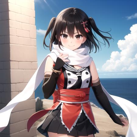 ((masterpiece)),(best quality),official art,extremely detailed CG,unity 8k wallpaper,ultra detailed,A lighthouse on a cliff by the sea,1girl,solo,cowboy shot,smile,white_scarf,two_side_up,fingerless_gloves,brown_eyes,bangs,elbow_gloves,double-breasted,thighhighs,hair_ornament,looking_at_viewer,black_skirt,black_hair,school_uniform,buttons,serafuku,short_hair,brown_hair,pleated_skirt,blush,hair_between_eyes,sash,asymmetrical_legwear,black_gloves,v-shaped_eyebrows,black_neckerchief,<lora:Sendai(kan)>,