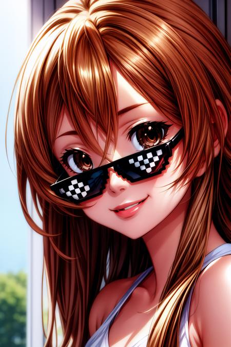 (masterpiece, best quality), <lora:aisaka taiga-lora-Faxtron:0.8> aisaka taiga, long hair, brown hair, hair between eyes, brown eyes, <lora:DealWithIt2:0.8> incrsdealwithit, sunglasses, light smile, 
<lora:add_detail:0.8>,