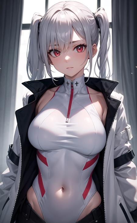 masterpiece, best quality, aesthetic, 1girl, solo, red eyes, silver hair, side ponytail, sidelocks, white jacket, open jacket, white leotard, taut clothes, covered navel, strap, breasts, (upper body), looking at viewer, tachi-e, cinematic lighting, sharp focus