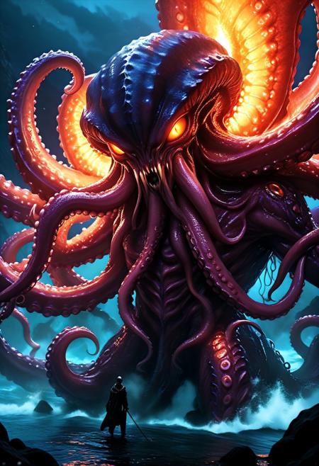 The remains of the ancient demon god.
This was a monster whose body was unimaginably large, its appearance was like an octopus, its body almost filled the entire sea trench, its body was not complete, spreading out bite marks.
It only had a single gray-white eye embedded on its head covered with scales, when the firelight lit up, in this deep and quiet sea, the distance between him and it did not exceed a hundred zhang.
The gray-white eye stared at him silently, as if staring at a speck of dust in the air.
This was the difference in physical form between the two sides.
He relied on the firelight to slowly go out, discovering that this monster should have had more than ten tentacles, but they had long been torn off.
It had long since died, and had been dead for countless years.
concept-art, lovecraftian horror, eldritch, cosmic horror, unknown, mysterious, surreal, 
eerie, unsettling, dark, spooky, suspenseful, grim,  fantasy, beautiful, painterly, detailed, textural, artistic, aesthetic, intricate details, highly detailed, ultra-detailed, absurdres, unreal engine, octane rendering, high saturation, high contrast, vivid, vibrant, volumetric lighting, sharp focus, 
aid291, midjourneyv6.1,