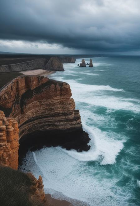 extremely detailed photo of a perfect coastline, cliffs and rocks, waves, cloudy weather