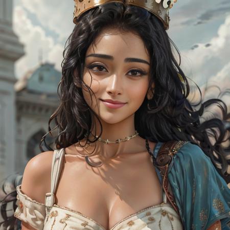 Shriya Saran as an indian queen, <lora:shriya:1>,indian palace,crown,(smiling:1.3)
((film grain:1.3)), (skin spots:0.9), (acnes:0.5), young woman, 20 years old, ((1 girl)), ((1woman)), ((solo)), (8k, RAW photo, best quality, masterpiece:1.2), (realistic, photo-realistic:1.37), detailed beautiful face, (photorealistic:1.4), (soft focus:1.4), (sharp focus:1.4),(detailed background:0), ultra-detailed, solo,((majesty)), small breasts, beautiful detailed eyes, (long slick black hair), ((full body)), smooth hair