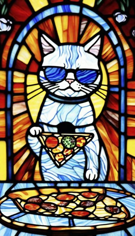 stained-glass peperoni pizza with a cat in sunglasses