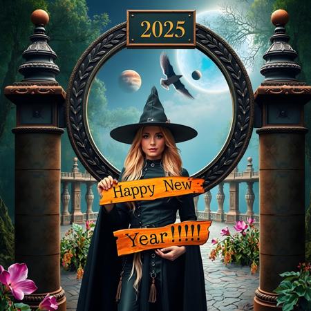 mysterious beautiful witch wearing black leather clothes holding a wooden sign where is written on "Happy New Year!!!", standing in front of a omega formed gate where above on a plate it is printed "2025". in the background is an enchanted colorful forest with marvelous flowers plants, At the sky are planets