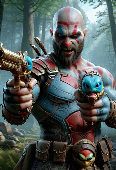 (playfully:1.5) kratos, holding angry squirtle, 8k, F2.8, RAW Photo, ultra detailed  <lora:XL_Weapon_Dual_Pistols_-_By_HailoKnight:0.8>