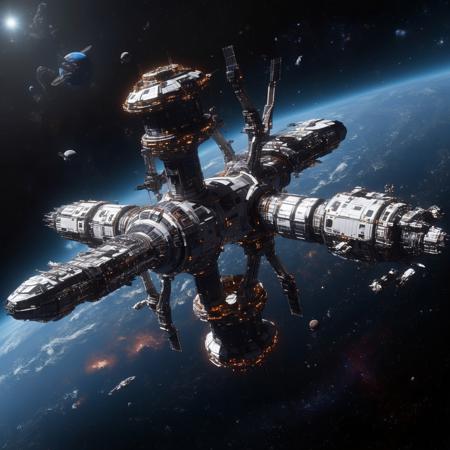 Design a breathtaking scene set in the vastness of space, where a futuristic spaceship is gracefully docking with a massive space station. Imagine this spacecraft as a marvel of human engineering, with sleek lines, glowing accents, and an array of advanced technologies on display. The space station, a towering structure with intricate details and multiple docking ports, serves as a bustling hub of interstellar activity.

As the spaceship aligns perfectly with the docking bay, highlight the intricate dance of mechanical arms and magnetic locks securing the two structures together. Add a dramatic touch with a vibrant nebula glowing in the background, its vivid colors contrasting the dark void of space. Enhance the sense of depth and movement with stars streaking across the scene, creating a captivating starfield.

Include subtle lighting effects to showcase the reflective surfaces of the spaceship and space station, emphasizing their metallic sheen. Perhaps add a few smaller vessels or spacewalkers nearby, providing a sense of scale and additional visual interest. The overall composition should evoke a sense of wonder, showcasing the beauty and excitement of space exploration and the potential of human ingenuity in the future.
