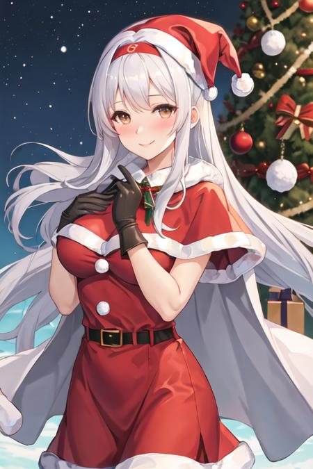 best quality, masterpiece, highres, solo, {shoukaku_kantaicollection:1.15}, long_hair, hairband, white_hair, brown_eyes, smile, headband, blush, muneate, 1girl, christmas, fur_trim, hat, santa_costume, santa_hat, capelet, looking_at_viewer, alternate_costume, gloves, white_gloves, dress, breasts, red_capelet, large_breasts, red_dress, red_headwear