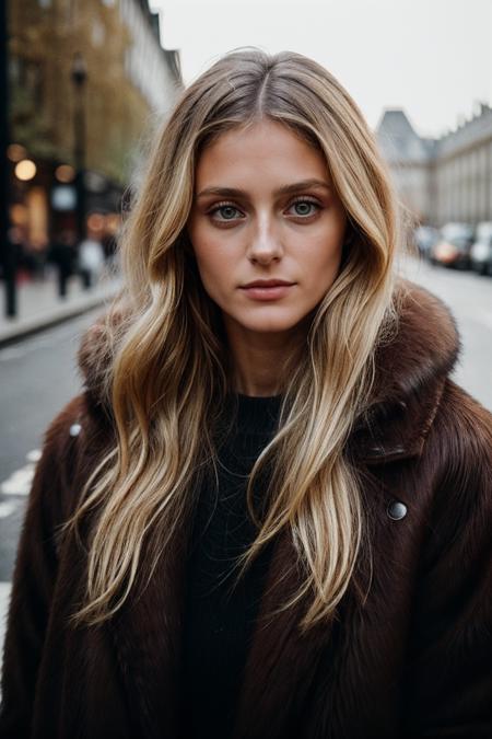 photo of (kb0ck:0.99), a woman, closeup portrait, perfect blonde hair, posing, (vintage photo, fur coat), (instagram frame), 24mm, (tintype), (analog, film, film grain:1.3), ((in London, daylight, gritty)), ((detailed eyes)), (seductive pose), (epicPhoto)