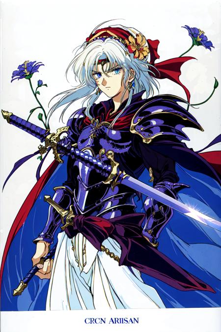 Arislan Retro Style,  solo,  blue eyes,  1boy,  holding,  weapon,  flower,  white hair,  male focus,  sword,  cape,  holding weapon,  armor,  circlet,  retro artstyle,  1990s (style),  turban, <lora:EMS-48057-EMS:0.800000>