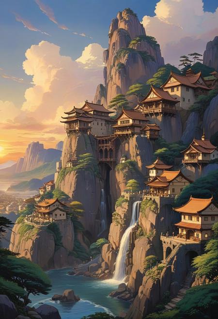 (studio ghibli drawing), (studio ghibli painting),best quality, masterpiece, extremely detailed,  professional  art,  professional painting, an extremely delicate and beautiful, dynamic,  great lighting, perfect shading, professional shading, depth of field,   side soft light, elegant, gorgeous, highly detailed,   full shot, uncropped,   pure genious, absolutely perfect,  highly detailed, breathtaking,  a giant and sheer cliff face with a town built into it, lots of different dwellings, waterfall, fantasy, sunset, asian theme