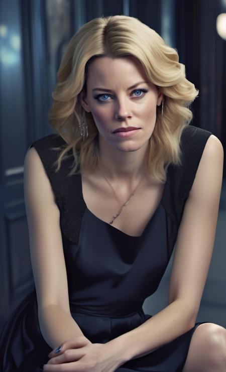 <lora:elizabeth_banks :1> elizabeth banks woman a candid half body photo  wearing all black, flowy dress, night, street lights, blonde hair, blue eyes, make up, means business, serious look