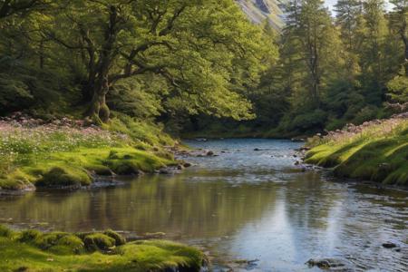 beautiful, ((masterpiece:1.4)), ((best quality:1.2)), intricate details, highland landscape, trees, flowers, crystal clear lake, highres, realistic,UHD, sharp focus, mesmerizing, ultra detailed, high texture resolution