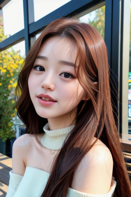 jangwanyoung piercing eyes, looking straight, very happy,long hair, wearing an off-shoulder sweater, choker, closeup portrait, in a outdoor cafe in 2015, afternoon light