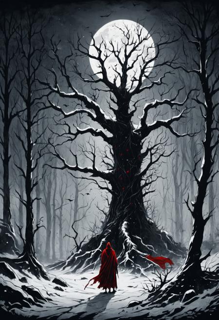Ink illustration, black-and-white with deep aged red tones, a towering skeletal tree with twisted, leafless branches, set in a dark, fog-laden forest at midnight. At the base of the tree, an eerie figure with glowing red eyes, draped in tattered robes, stands motionless. Snow-covered ground with cracked rocks, stark shadows cast by moonlight. Sinister, heavy atmosphere, with surreal, intricate inkpunk detailing, fog and shadows blending into twisted shapes on aged black-and-red paper
