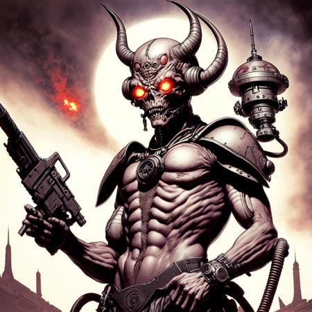 photo, drawing of a demon holding a machine gun (MartianWarlord style:1) <lora:djzMartianWarlordV21:0.8>