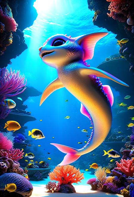 kitty diving underwater surrounded by fish, underwater kingdom, Ocean, Coral reef adventure, Reef Expedition, giant glowing exotic monster sea creature . Appetizing, professional, culinary, high-resolution, commercial, 
3d-rendering, concept-art, digital, dreaminess, futuristic, multimedia, sculpture, virtual-reality, 
eeriness, fantasy, photorealism, other-worldliness, realism, sci-fi, technological, alien worlds, advanced civilizations, 
intricate details, highly detailed, ultra-detailed, absurdres, unreal engine, octane rendering, high contrast, vivid, vibrant, volumetric lighting, sharp focus, 
aid291, midjourneyv6.1, 
RainbowUnicornStyle