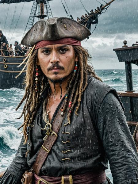 photography of Captain Jack sparrow, cloudy and raining, standing on a pirate ship, Tsunami wave, 35mm photograph, professional, 4k, highly detailed, intricate details, fine details, detailed textures