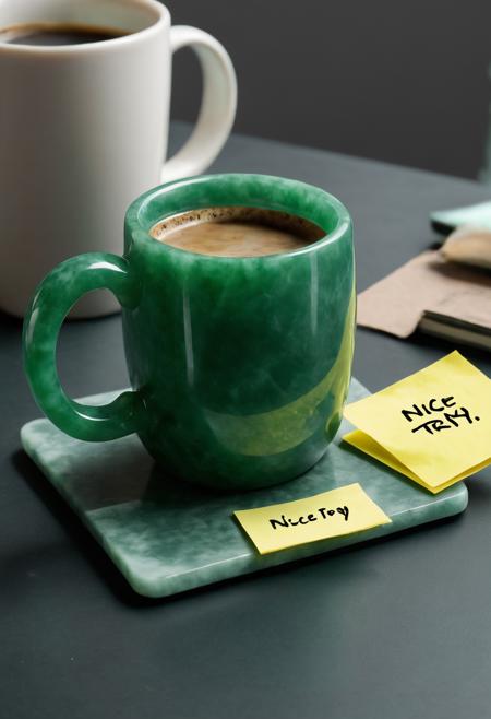A jade coffee mug with a handle so small it's comically hard to hold, spilling coffee on a jade coaster, with a sarcastic sticky note nearby saying, 'Nice try!', photorealistic, ultra-detailed, 4K resolution
 <lora:Obsidian_Jade_Style:0.8>