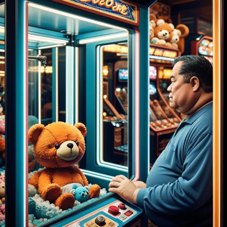 old fat man, solo, upper body, CLGM, arcade, crane game, shop, glass, looking outside, stuffed toy, from side,  teddy bear, crane \(machine\) <lora:crane_game_v1:0.6>