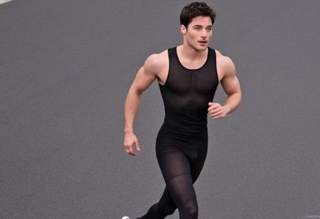 Homoerotic full body photograph of Ezra Miller a man <lora:Froy-Gutierrez_Ezra-Miller:0.8>,  <lora:SMUXL:1>, smusmu, black sheer see-through tights, marathon running in street, full body, HDR, high quality, chest,