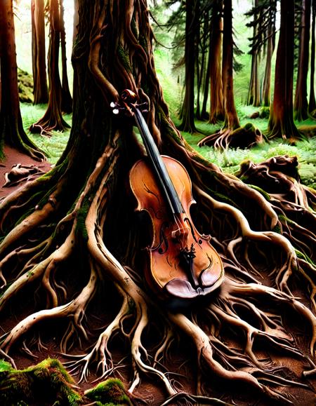 (violin made of tree roots:1.3), twisted wood, natural shape, earthy aesthetics, sitting on a mossy stump, soft forest light, rustic details
<lora:SDXL\tree roots_0_100_V1-000008.safetensors:1.0>