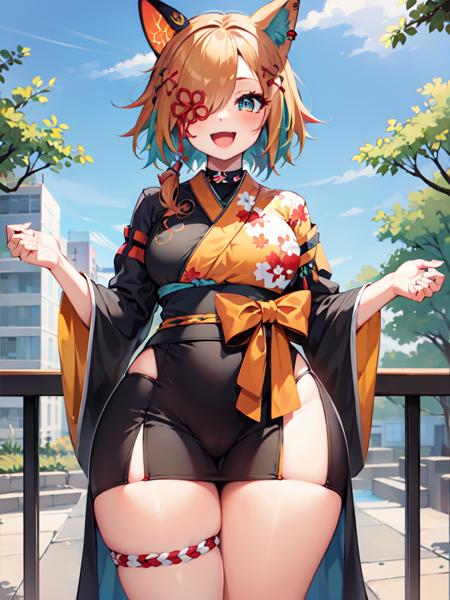 miyoshino_shiki,  hololive, 1girl,
orange_hair, blue_eyes, long_hair, hair_over_one_eye, fox_ears,
cute, large_breasts, wide_hips, short, thicc,
looking_at_viewer ,:d,
wide_shot, kimono,
outdoors,