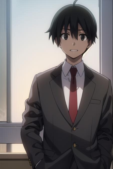 makotoitou, <lora:makoto itou s1-lora-nochekaiser:1>,
makoto itou, black hair, (black eyes:1.5), short hair, smile, smirk, grin, teeth,
BREAK school uniform, necktie, formal, suit,
BREAK indoors, classroom,
BREAK looking at viewer, (cowboy shot:1.5),
BREAK <lyco:GoodHands-beta2:1>, (masterpiece:1.2), best quality, high resolution, unity 8k wallpaper, (illustration:0.8), (beautiful detailed eyes:1.6), extremely detailed face, perfect lighting, extremely detailed CG, (perfect hands, perfect anatomy),