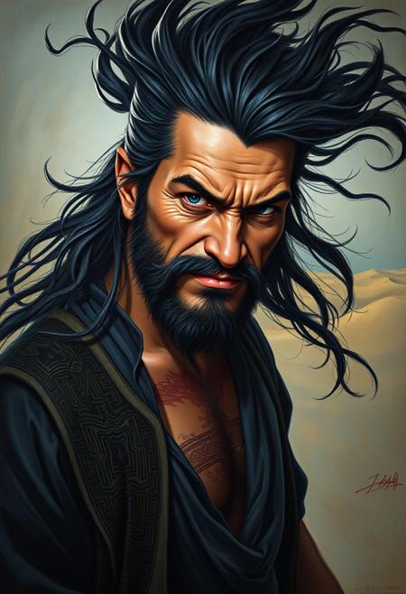 painting by gaston bussiere, craig mullins and Gabriele Dell'otto, portrait of middle aged handsome rugged malevolent Arabic male sorcerer, dark, lavish clothes, fantasy, mystical, smirk, strong side lighting, long floating black hair, hairy chest and abs visible, thick lips, mouth a bit open, desert background