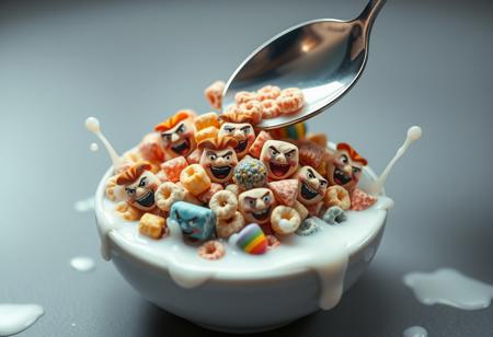 A photorealistic image of a bowl of happy lgbtq+ cereal with tiny, comically fierce faces on each piece, as a spoon looms over them like a horror movie villain. The cereal pieces are "running" away in panic, spilling milk everywhere. Photography, humorous, hyper-realistic, dramatic lighting, shallow depth of field.