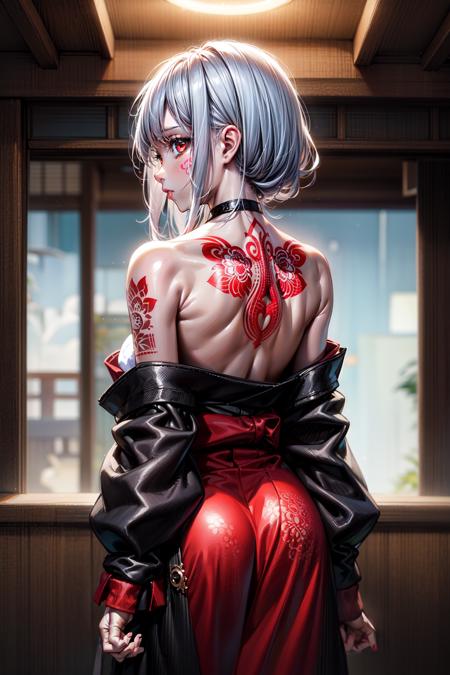 1girl, white hair, red eyes, looking back, from behind, Japanese clothes, showing back, exposed back, tattoo, tattoo on back, intricate tattoo, traditional style tattoo, cold expression, looking badass, majestic, (RAW photo, best quality), (Masterpiece), 8k, best quality, ultra-detailed, lighting, cinematic lighting,  <lora:more_details:0.7>