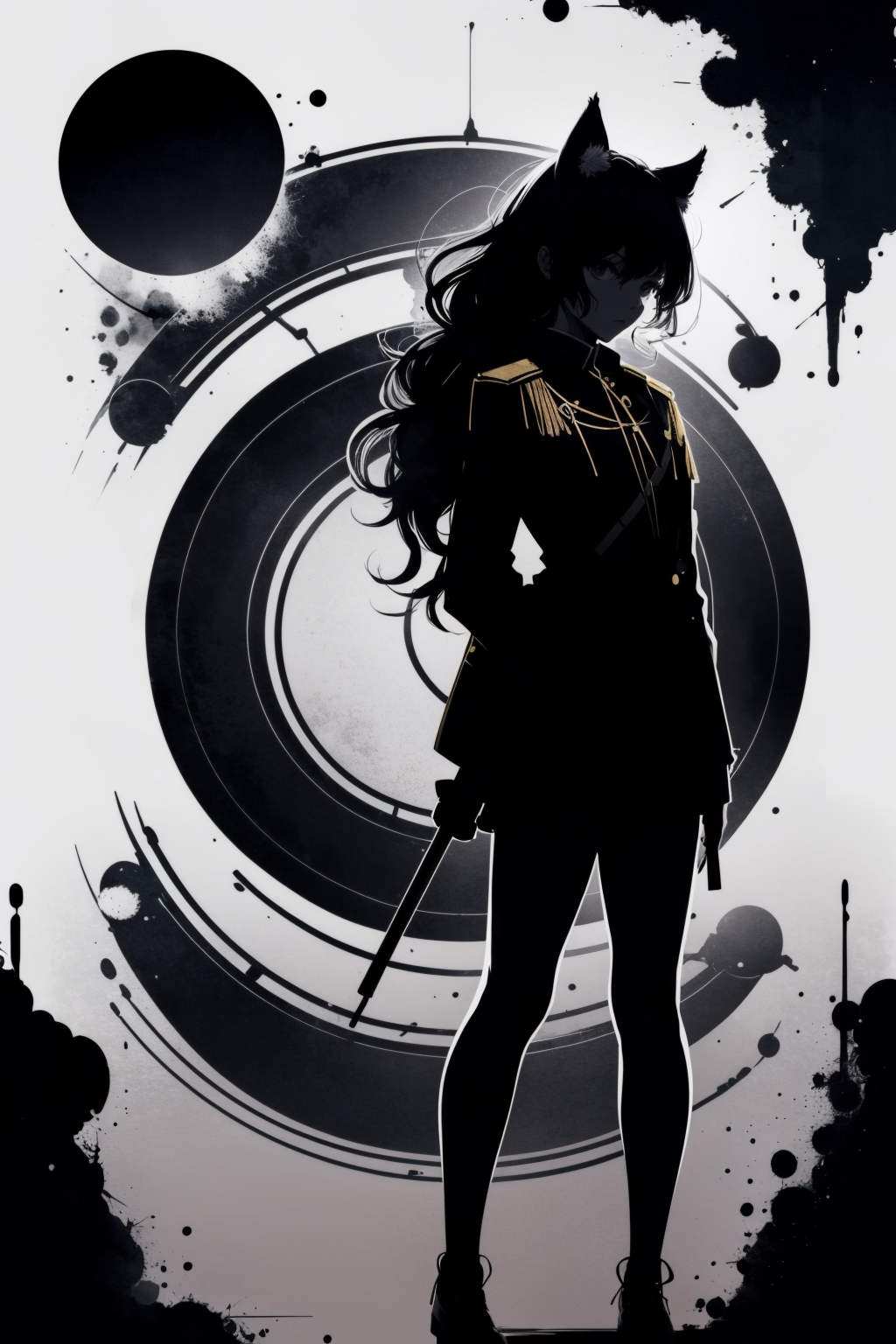 (black silhouette:1.5), 1girl, thick (white outlines:1.3), circular, military uniform, (omni:1.3), art style, ink, white a...