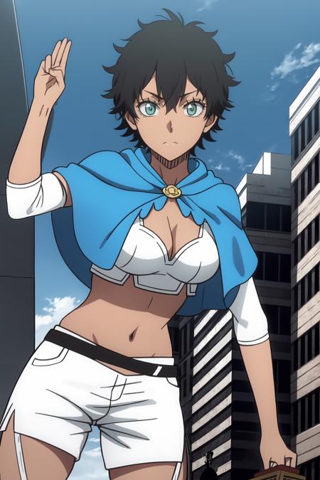 ((best quality)),((highly detailed)),masterpiece,absurdres,detailed face,beautiful face,(detailed eyes, deep eyes),(1girl),((dynamic pose)), <lora:Sol:0.7>Sol, 1girl, breasts, dark skin, black hair, short hair, cleavage, solo, green eyes, dark-skinned female, shorts, midriff, navel, sky, book, city background, cloud, white shorts, capelet, closed mouth, simple background, outdoors, hair between eyes, thighhighs, detached sleeves, bangs, day, medium breasts, looking at viewer, blue sky, standing,, crop top,