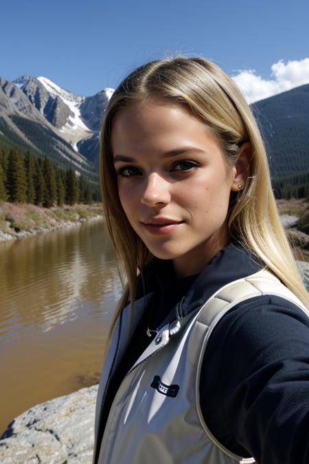 GabriellaWilde, ((light blonde hair)), ((selfie)) photo, serious look, outdoors, mountains, wearing a backpack, sweater, hiking jacket, rocks, river, wood, analog style, (look at viewer:1.2), (skin texture), close up, cinematic light, sidelighting, Fujiflim XT3, DSLR, 50mm