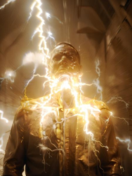 an image of a man covered in electricity and lightning , yellow and gold, panosstyle, style, film
<lora:version10:1>