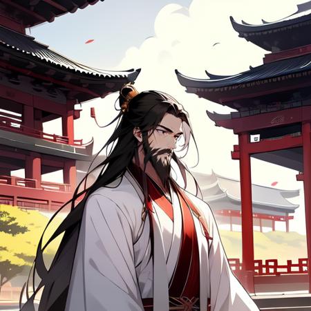 best quality,masterpiece,(1male,elder),very long hair,very long beard,hanfu,ffgufengdamoff,closed mouth,outdoor,east asian architecture,upper body,(blurry background:0.4),