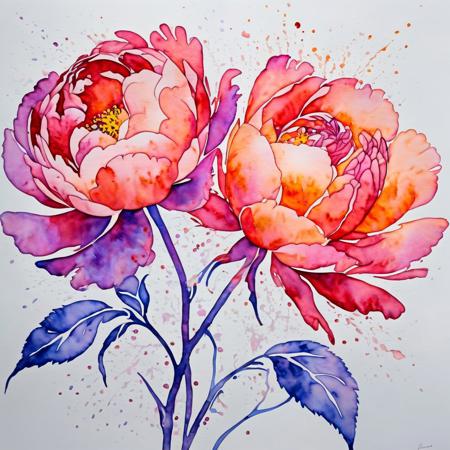 Delicate outline of blooming flower, rose or peony, soft, translucent lines, inside: two abstract figures, formed by splashes of vibrant watercolor, embracing, blending, merging, reds, pinks, oranges for passion, cool blues, purples for tenderness, contrast between delicate outline and passionate colors, ephemeral beauty, fleeting moment