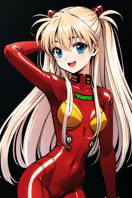 1girl, long hair, plugsuit, bodysuit, souryuu asuka langley, pilot suit, bracer, blue eyes, smile, open mouth, breasts, bangs, turtleneck, solo, cowboy shot, :d, hair between eyes, gloves, (red bodysuit:1.5), small breasts,looking at viewer, headgear, two side up, hand on hip, skinny, adjusting hair, narrow waist, standing, brown hair, science fiction,hand up, shiny clothes, hair ornament, happy, from side, shiny, skin tight, (simple background:1.5), (black background:1.5), <lora:Minene Sakurano:0.9>