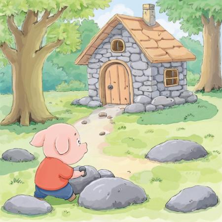 huiben_style,<lora:huiben-000040:0.7>,a little pig is building a house with stones,the house has not been built yet,half,