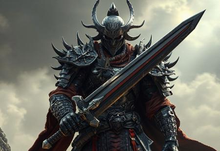 "Create a detailed, lifelike depiction of a titan in Japanese-inspired attire, holding the Orichalcos Sword of Sealing. The titan should be dressed in full armor gravitation, complete with spiked metal elements. The overall design should reflect the essence of the forbidden planet and phantasm, while incorporating intricate details. The artwork should be in high definition, with a full-body view and a vertical orientation. The creation should be a tribute to the style of Anthony Palumbo, made in 2019 and rendered using Octane."