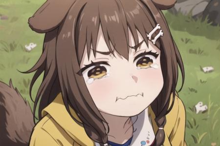 1girl, solo, inugami korone, hololive, brown eyes, twin braids, dog ears, white dress, ((yellow coat)), ((dog bone hairclip)), dog tail, looking at viewer, outdoors, grass, <lora:merrytail_aqua_crying_meme_v02-05:0.7>, closed mouth, tears, wavy mouth, tearing up, pout, :i, meme, :t, parody, frown, v-shaped eyebrows, crying, sad, crying with eyes open, puffy cheeks