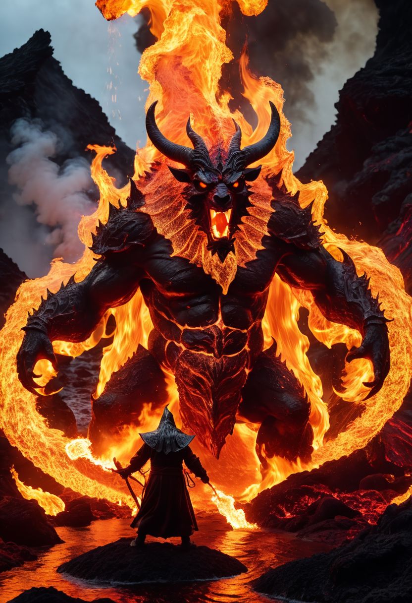 ferrous fire breathing, ghoulish, ghastly horned elemental in a hellish fiery lava filled environment. decimating everything in rage all around it while in the foreground A single wizard figure is using magic to manipulate water to extinguish fires and battle the beast. detailed, 4k, sharp, 200mm lens, OverallDetailXL