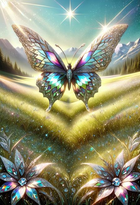 aesthetic, masterpiece, absurdres, realistic, (raw photo:1.3), intricate detail, high detail, symmetrical, scenery, meadow, sunlight, glitter, iridescent, diamondMW, no human,