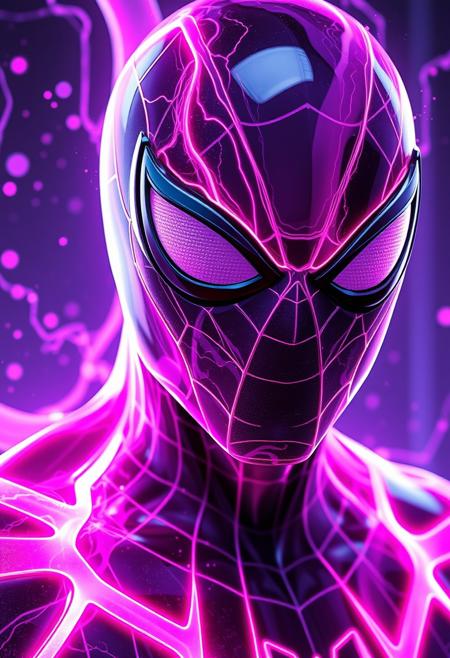 Liquid Neon' style of Spider-Man, where neon lights flow like liquid, creating vibrant patterns of Purple and pink, head and shoulders portrait, 8k resolution concept art portrait by Greg Rutkowski, Artgerm, WLOP, Alphonse Mucha dynamic lighting hyperdetailed intricately detailed Splash art trending on Artstation triadic colors Unreal Engine 5 volumetric lighting، Glossy, wet, ultra realistic
